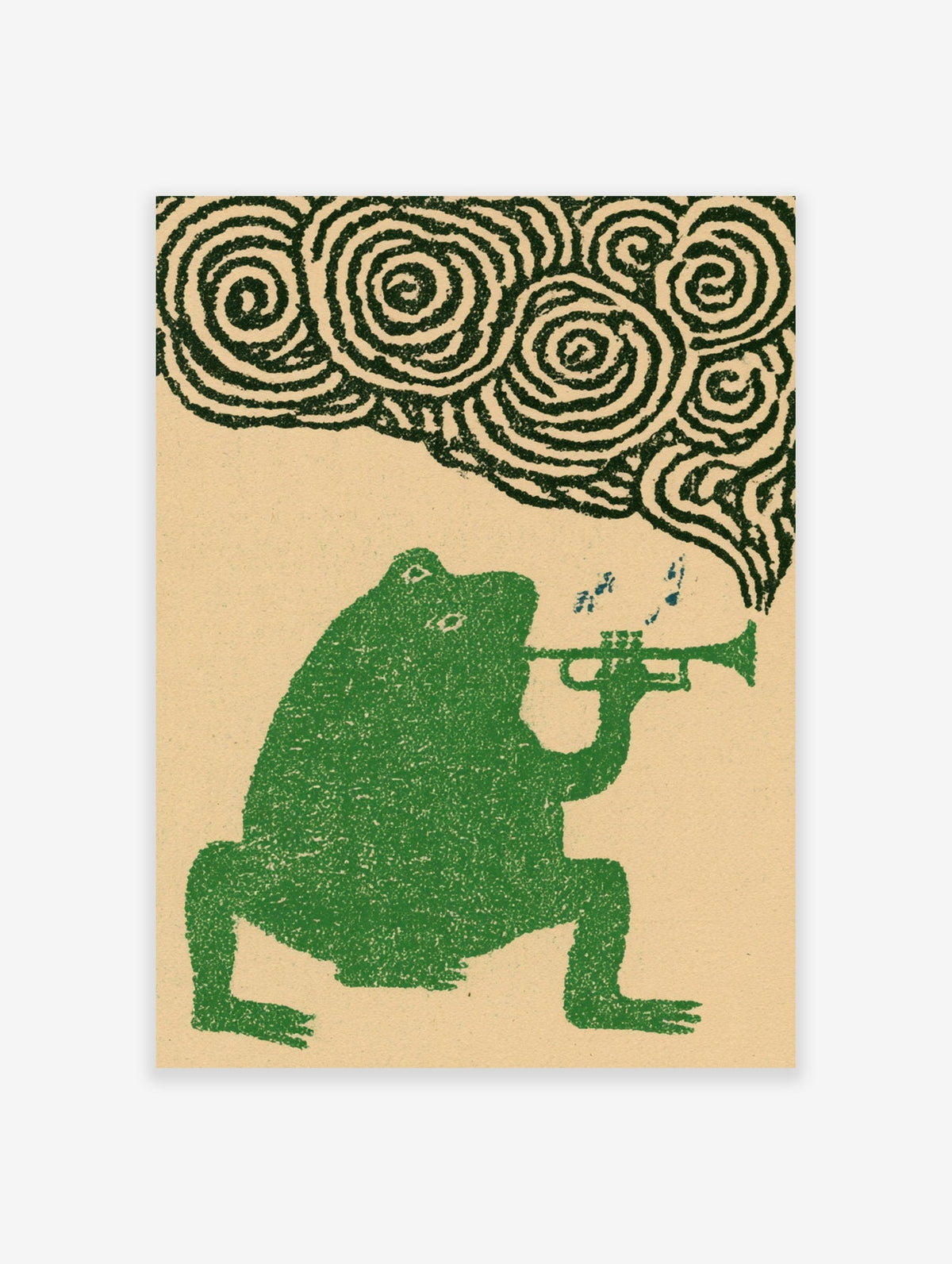 Textured green frog character blowing into a trumpet with blue musical notes on a tan background, illustrative art print