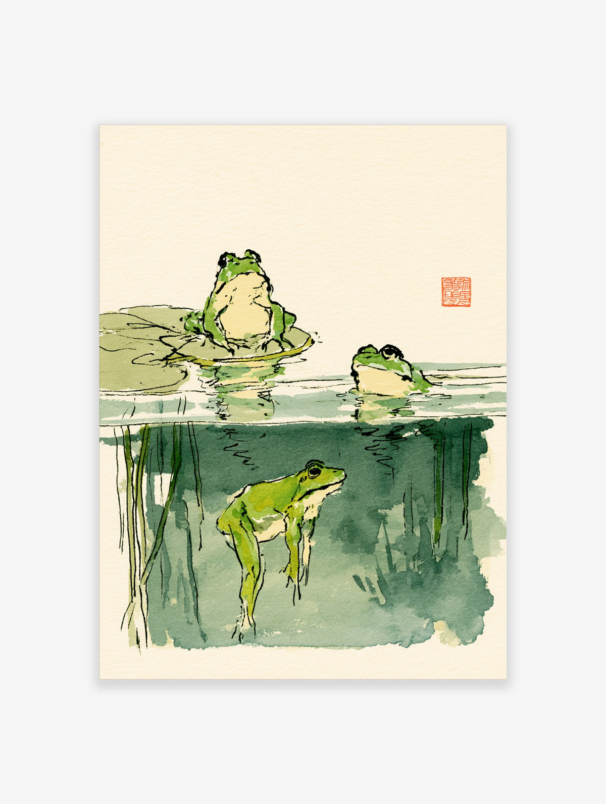 Japanese-style frog pond art print with three green frogs, lily pad, reeds, and red seal
