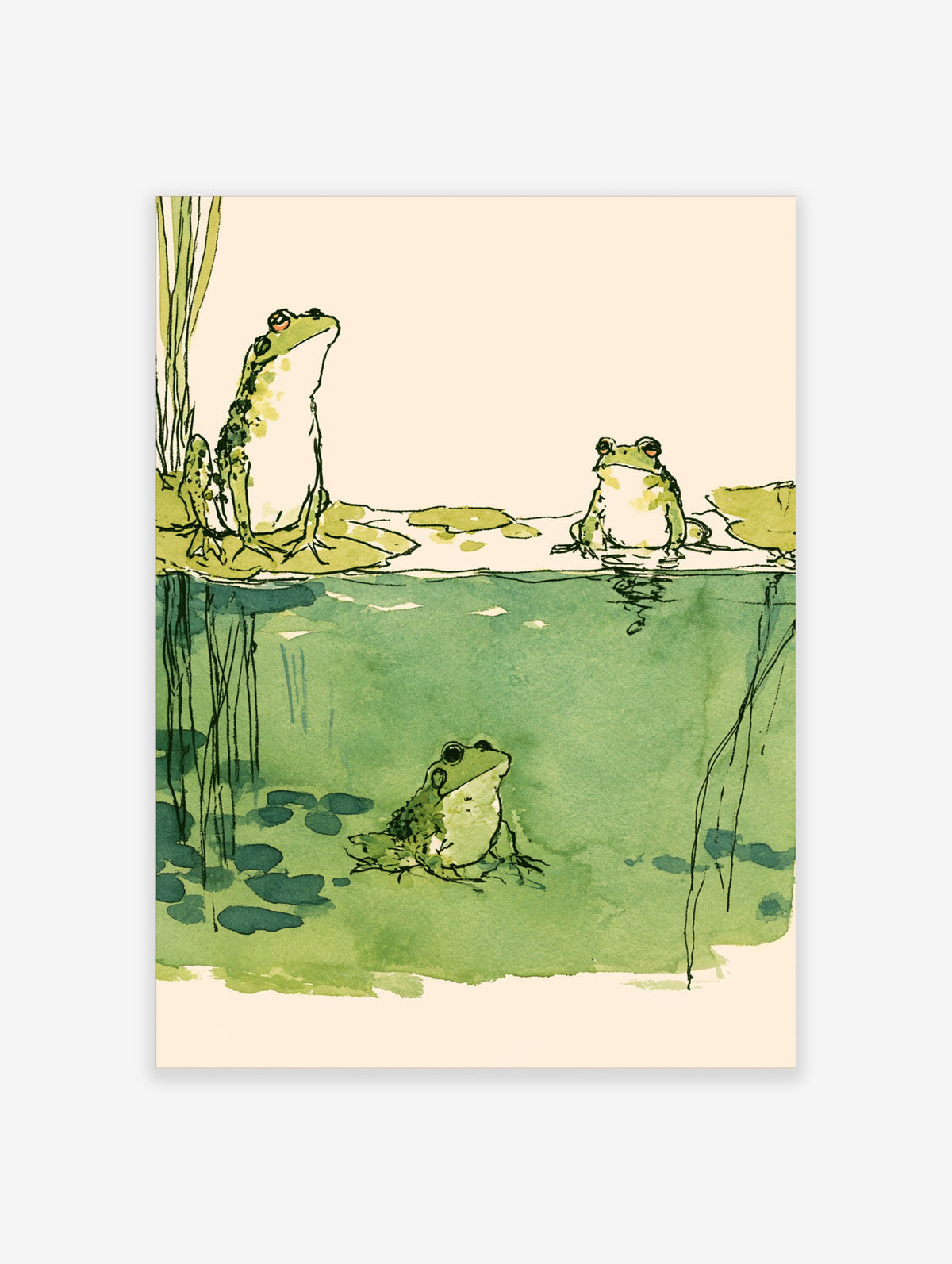 Japanese ink wash frog pond art print with three green frogs, reeds and lily pads