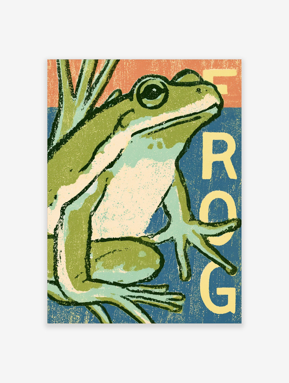 Green tree frog poster with cream FROG typography on blue and orange background