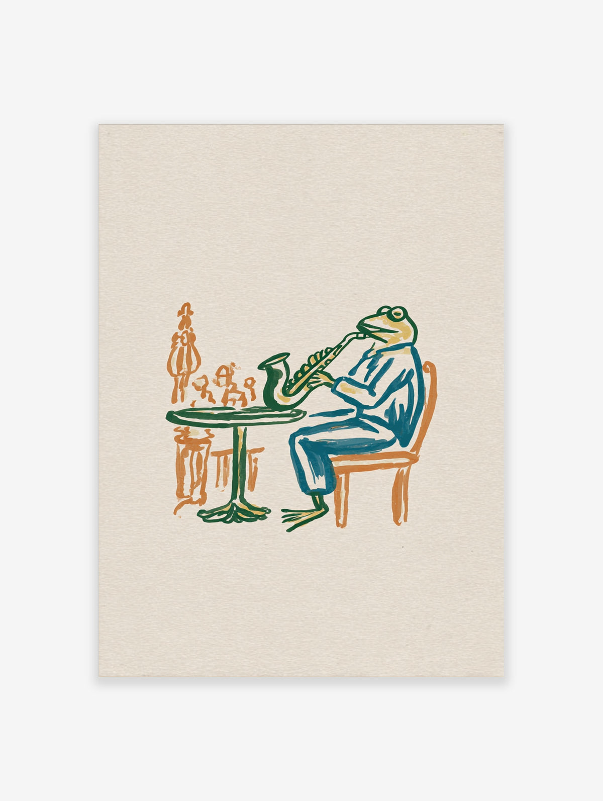 Frog in a blue suit playing a saxophone beside a green cafe table and orange chair, jazz poster illustration