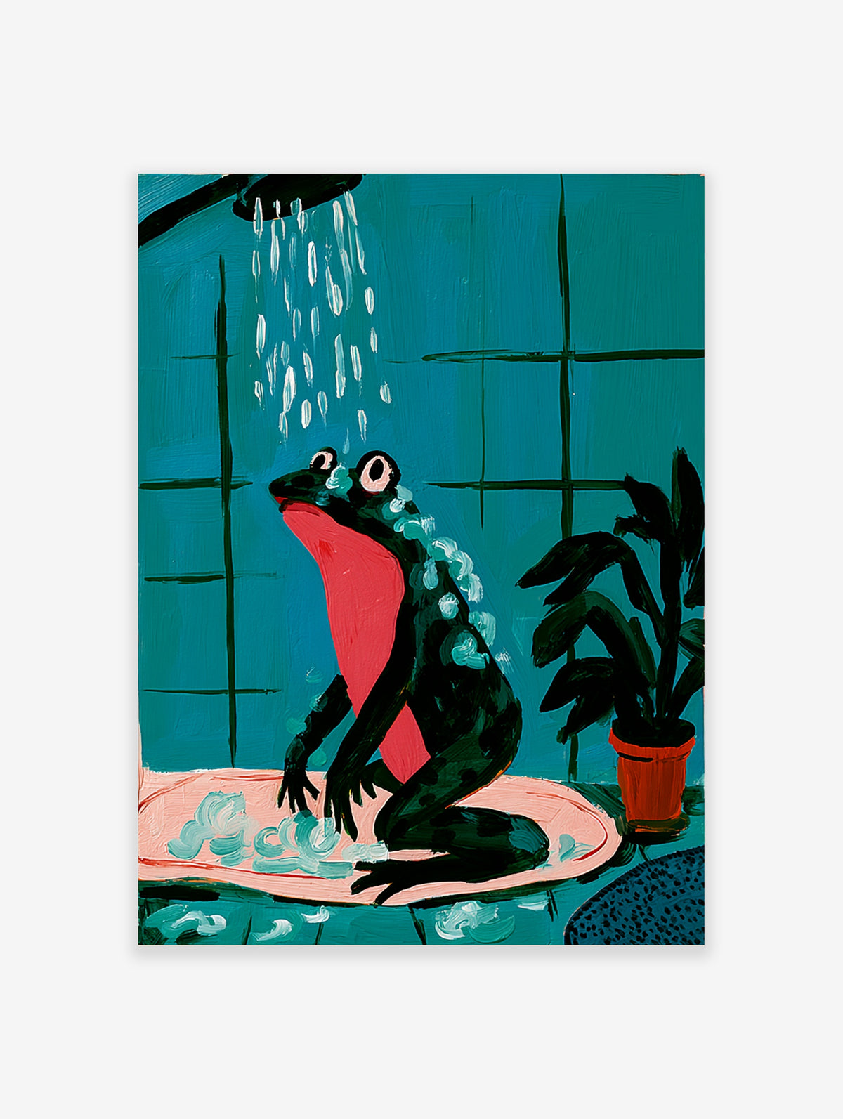 Illustration of a red-throated frog showering under a shower head, teal tiled background, potted plant, pink bath mat