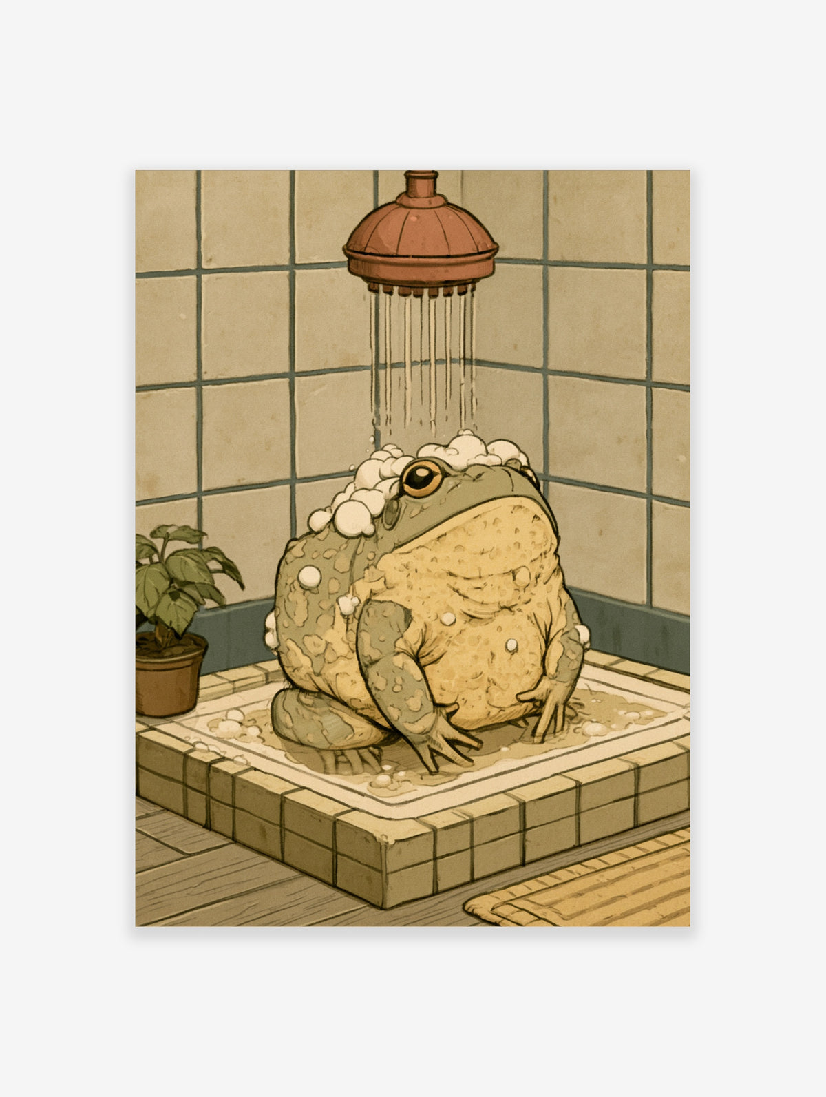 Illustration of a large frog taking a shower, covered in soap suds, under a red shower head in a tiled bathroom