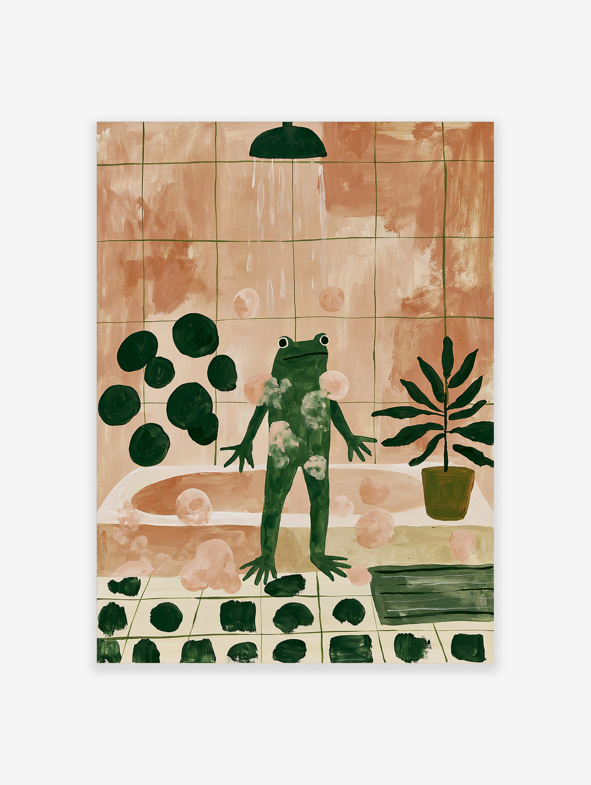 Green frog standing in pink tiled shower with bubbles and plant, playful illustration art print