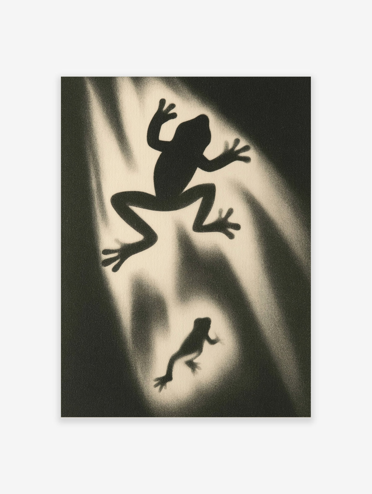 Monochrome frog silhouette wall art with two dark tree frogs on a textured cream and black background