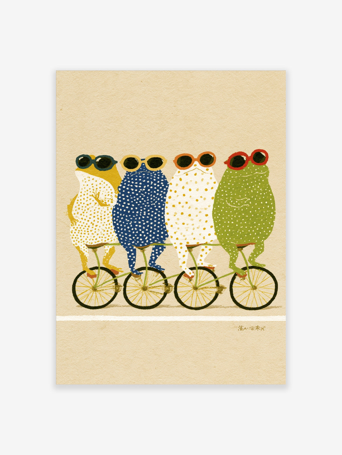 Four spotted frogs wearing sunglasses ride a green tandem bicycle on a beige background