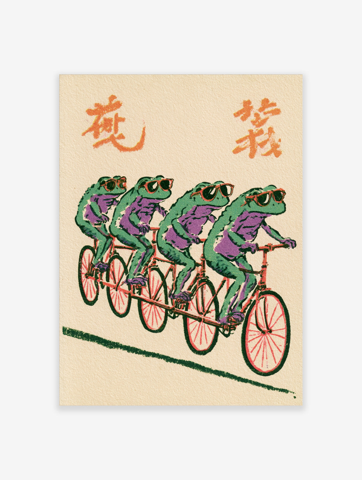 Four green frogs in sunglasses riding a red tandem bicycle on a beige background with orange characters