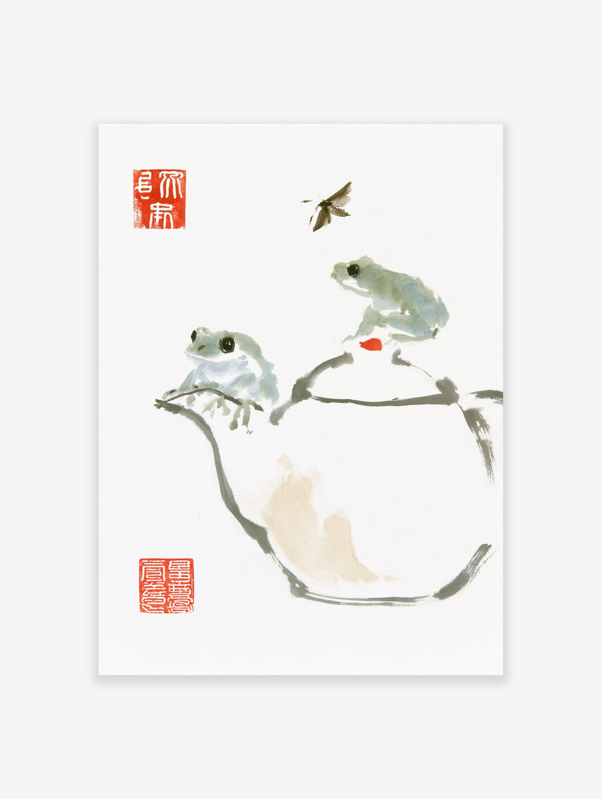 Two frogs sitting on a white tea pot with a flying insect in a Japanese ink wash style art print