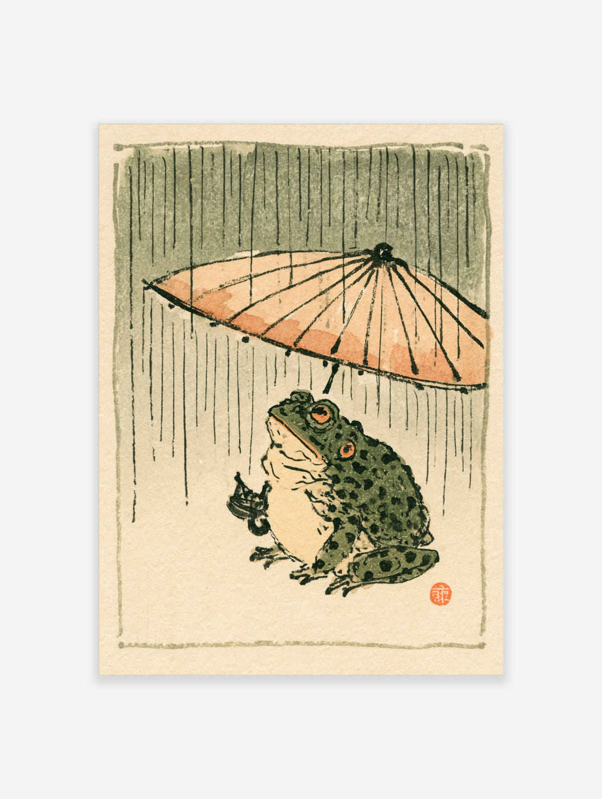 Green frog holding a peach umbrella in falling rain, Japanese woodblock style animal poster