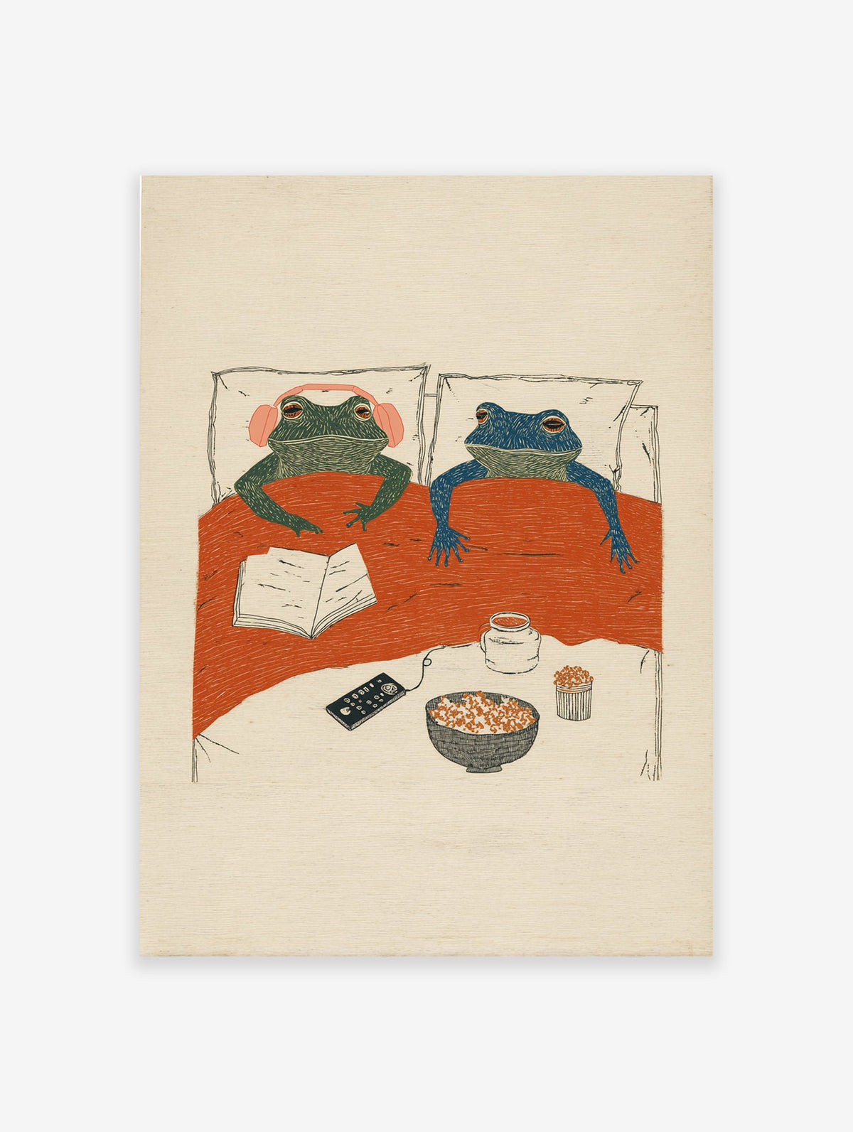 Whimsical frog wall art illustration of two frogs in bed with popcorn, a book, and headphones for a cozy night in.