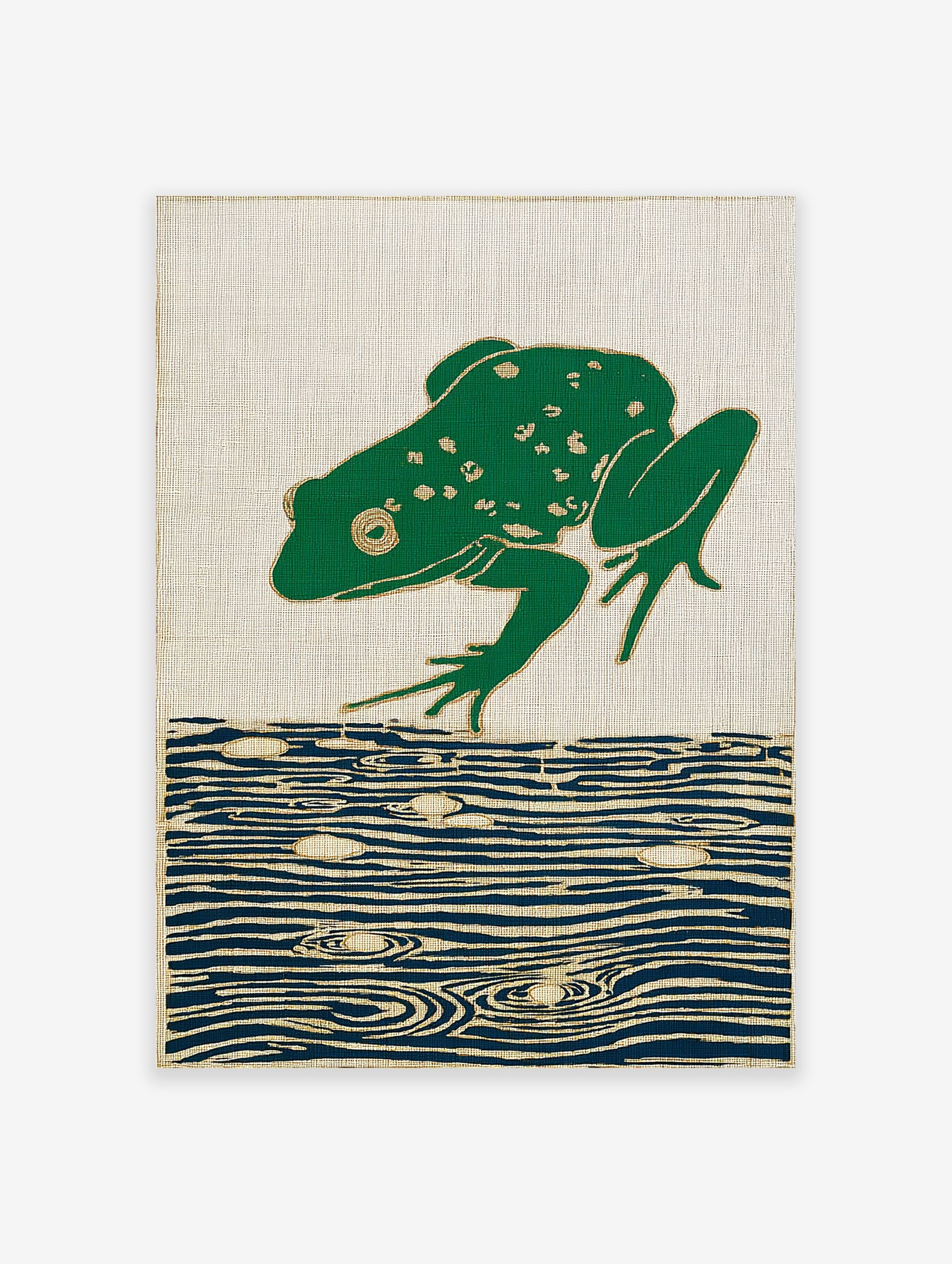 Green frog leaping over blue water on a woven tapestry with gold outlines