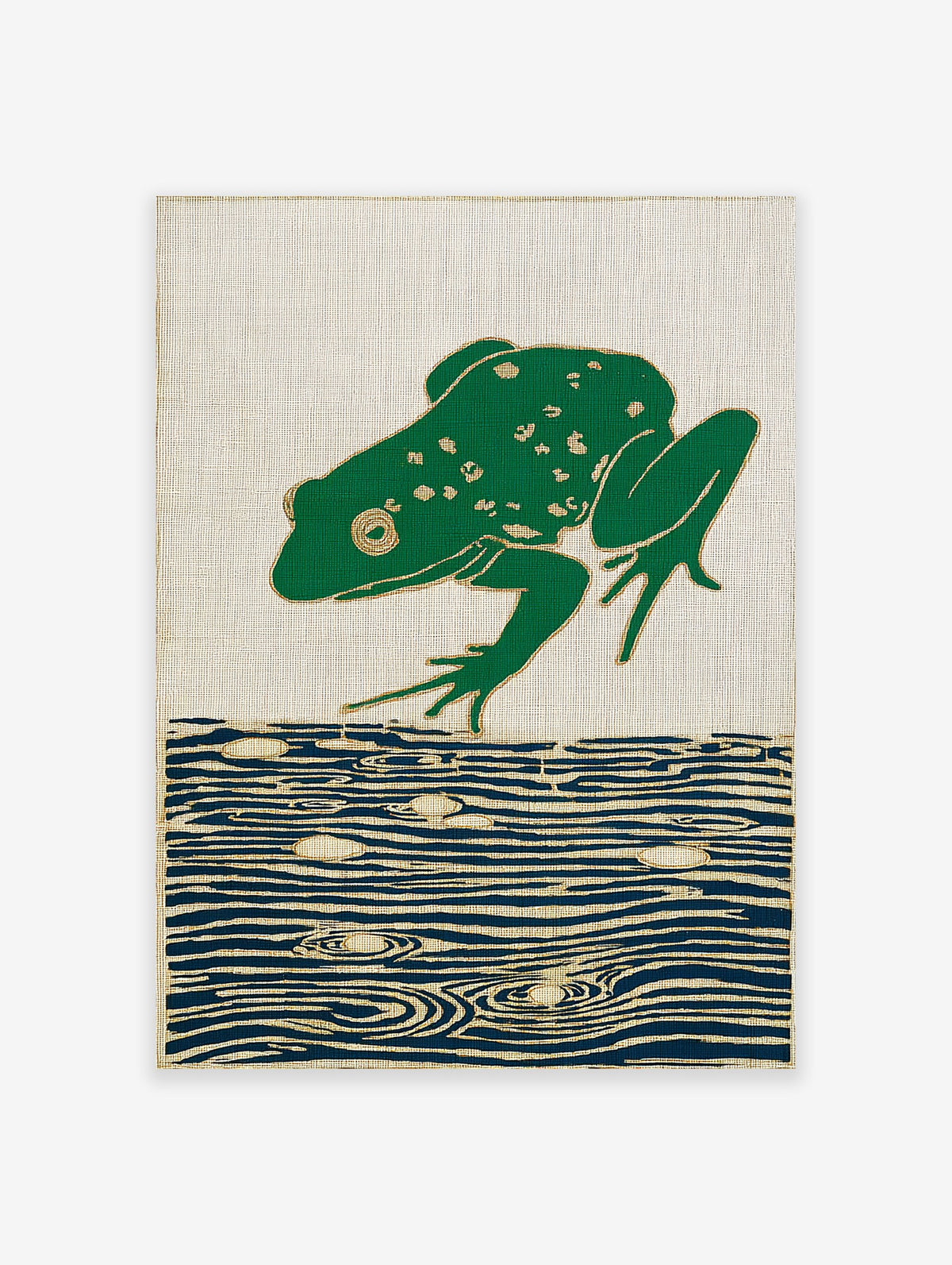 Green frog leaping over blue water on a woven tapestry with gold outlines