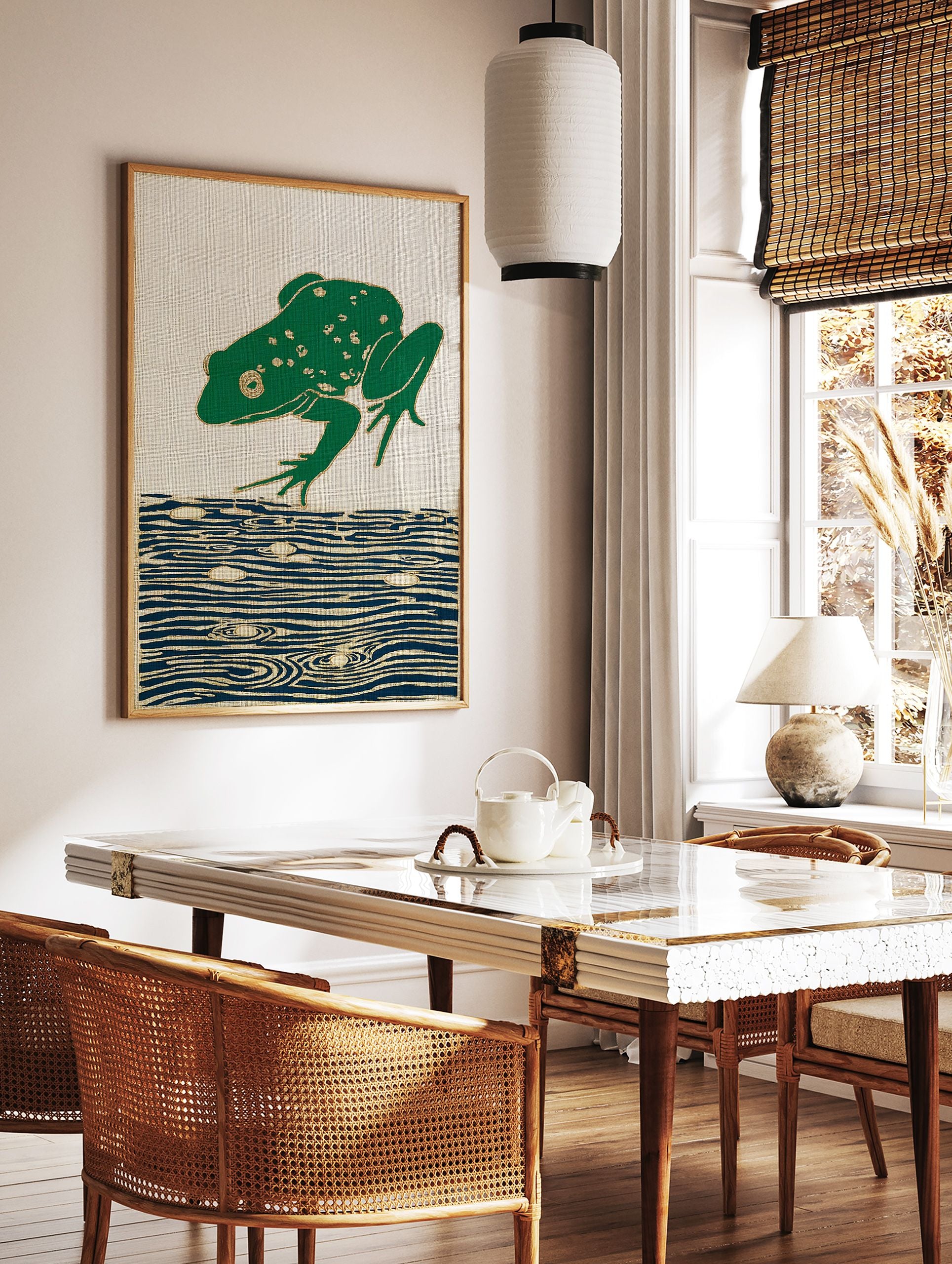 Green frog leaping over blue water on a woven tapestry with gold outlines - Image 3