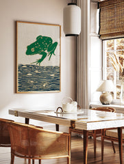 Green frog leaping over blue water on a woven tapestry with gold outlines - Image 3