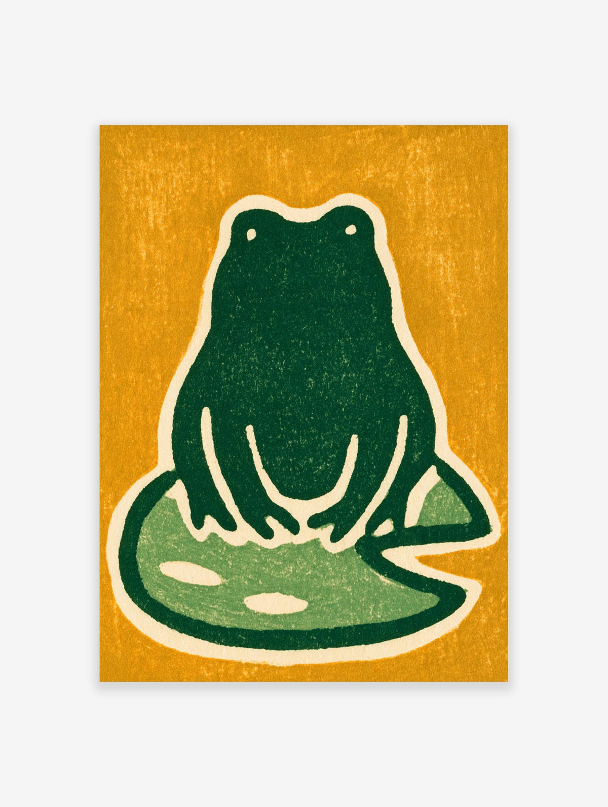 Minimalist green frog illustration on a lily pad against a textured ochre background, an animal art print