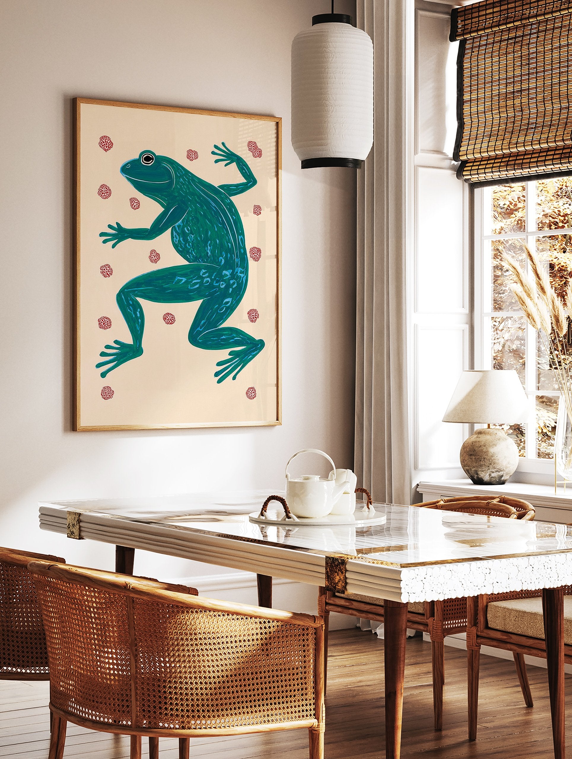 Vibrant green illustrated frog wall art print on a light beige background with small red floral patterns. - Image 3