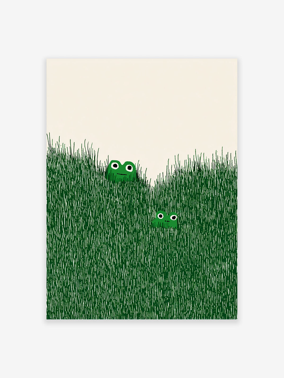 Illustrated frog wall art with two green frogs peeking out of tall green grass on an off-white background.