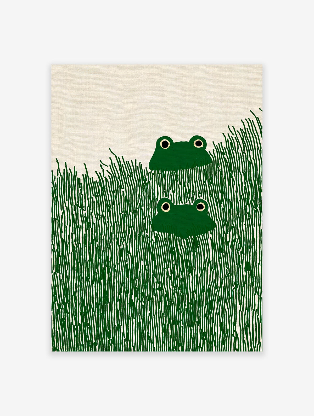 Illustrative frog wall art print featuring two green frogs with black eyes peeking from tall dark green grass.