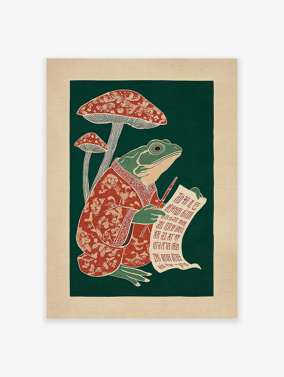 Illustrative frog in a red robe writing on a scroll next to red mushrooms against a dark green background, folk art print.