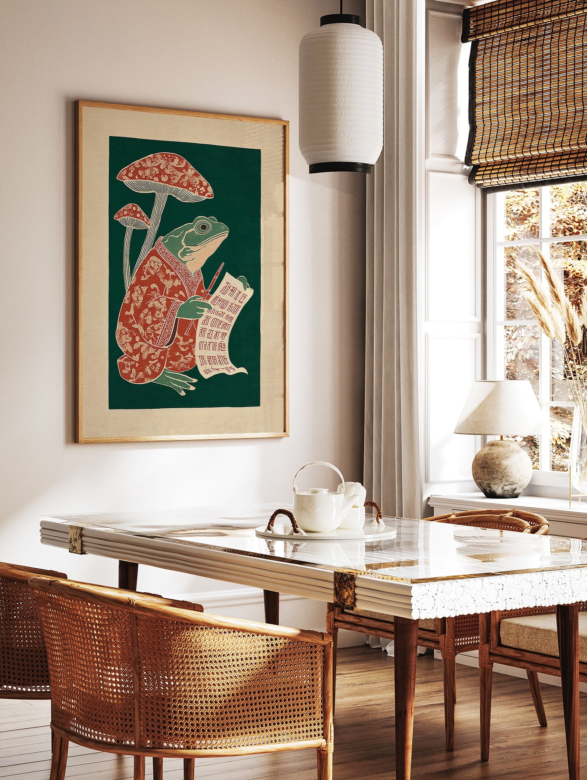 Illustrative frog in a red robe writing on a scroll next to red mushrooms against a dark green background, folk art print. - Image 3