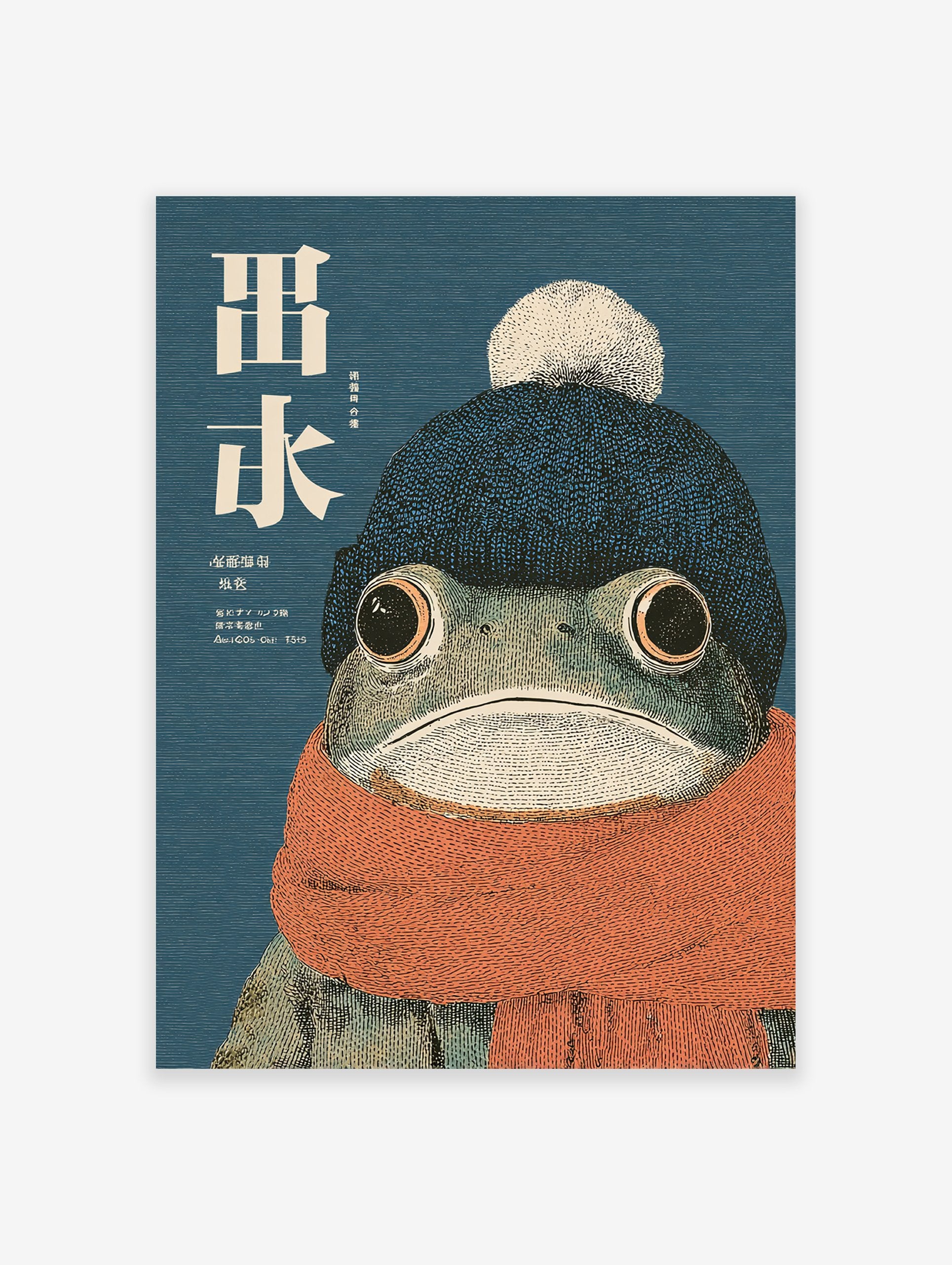 Japanese style frog wall art illustration of a frog wearing a blue beanie and orange scarf on a textured blue background.