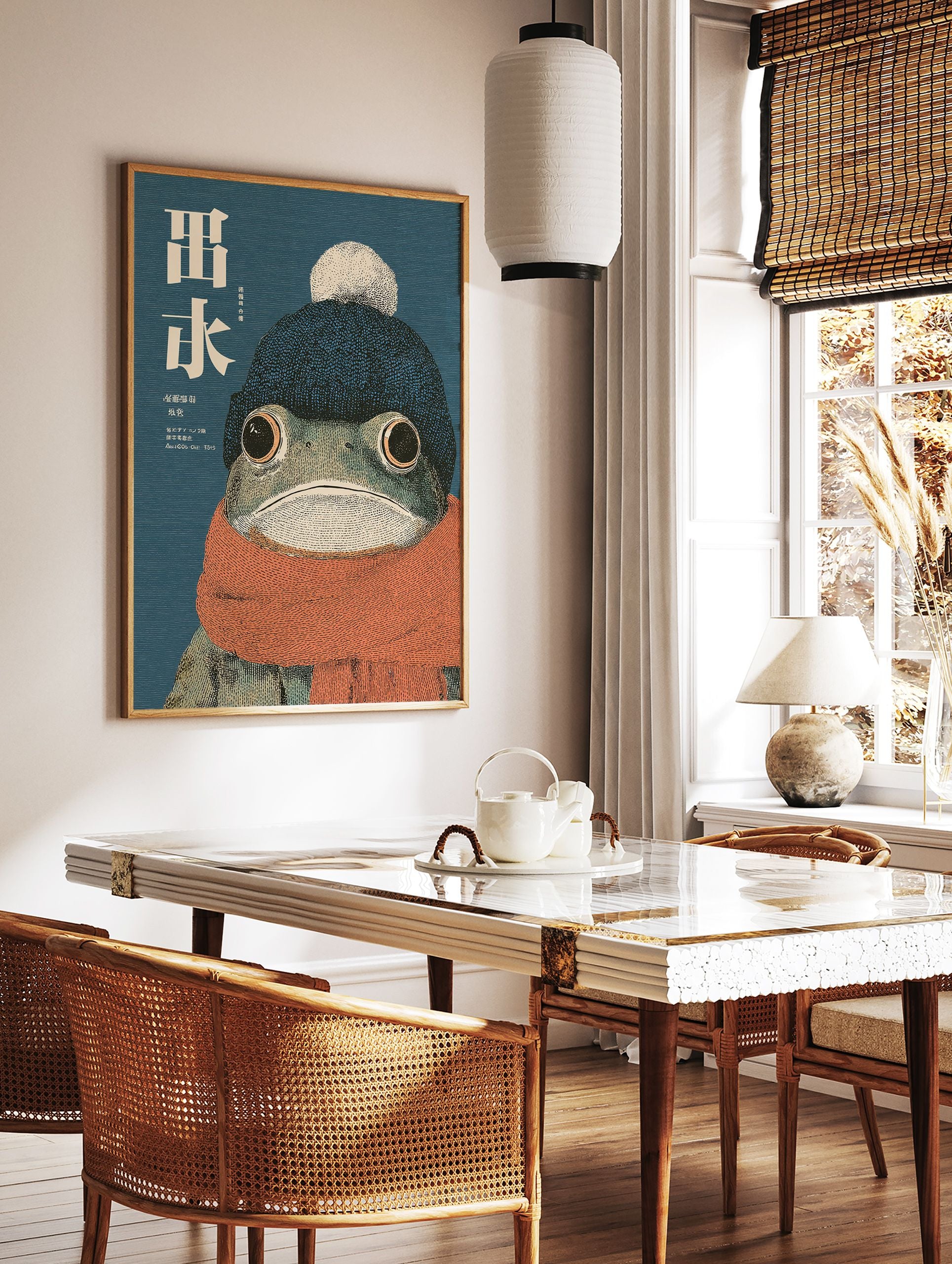 Japanese style frog wall art illustration of a frog wearing a blue beanie and orange scarf on a textured blue background. - Image 2
