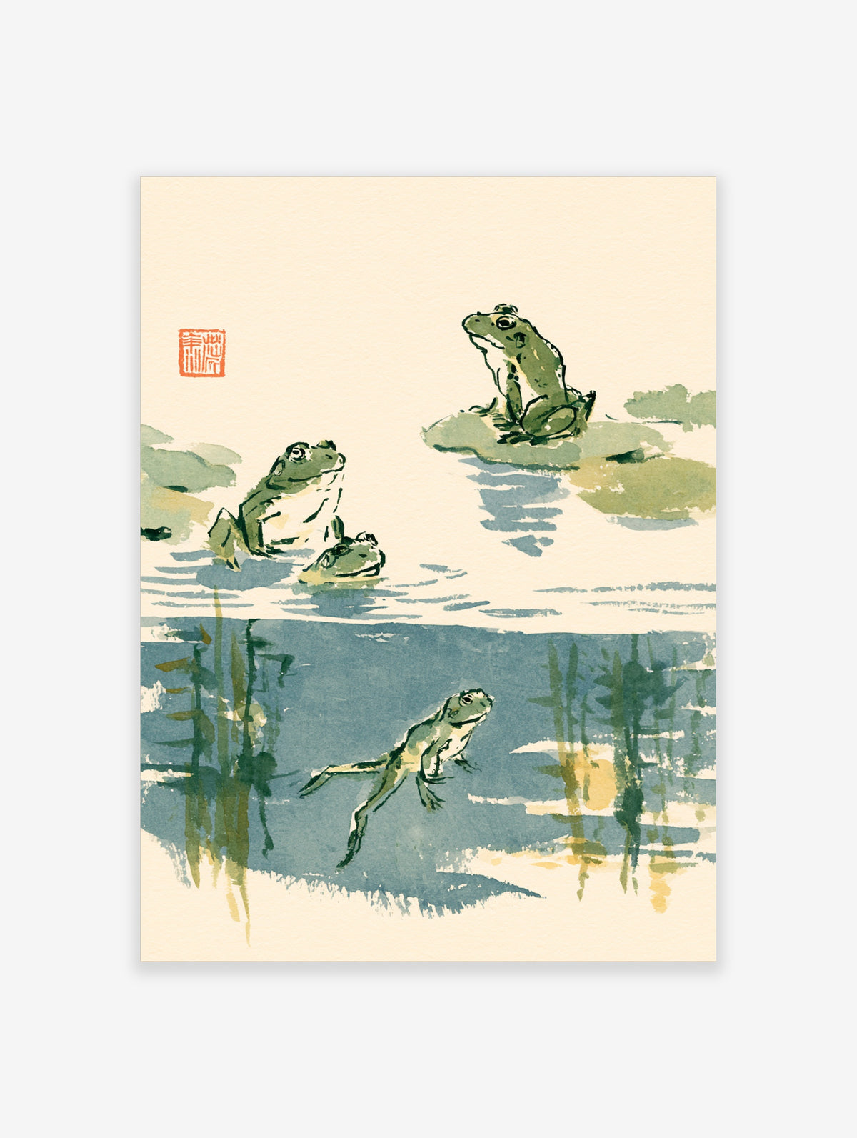 Japanese frog art print with four green frogs in water, red seal, and blue reflections