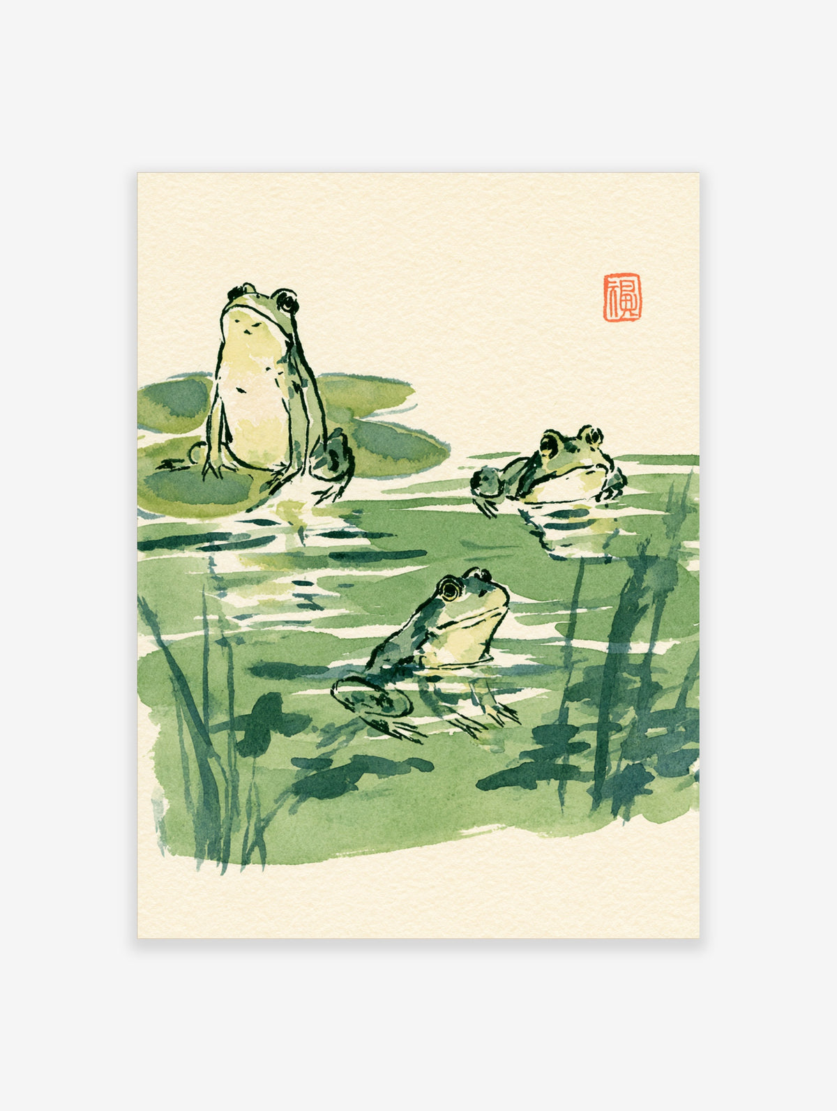 Japanese frog art print with three frogs on lily pads and green water, red seal mark
