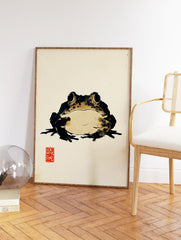 Japanese ink wash frog art print with black and brown tones on a light textured background and a red artist's seal. - Image 2