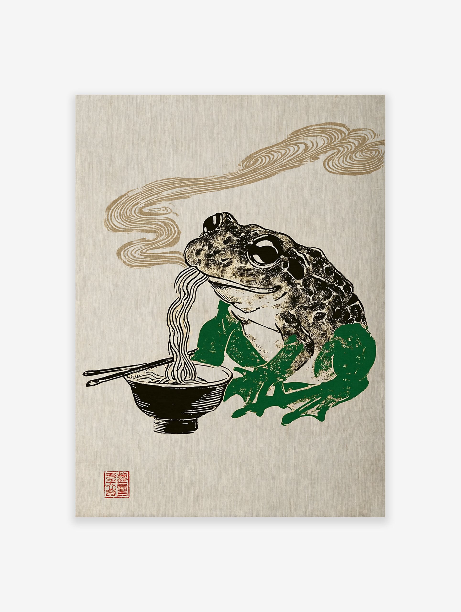 Japanese Ukiyo-e style frog eating ramen noodles with chopsticks in a black bowl, steam rising, on a textured beige background.