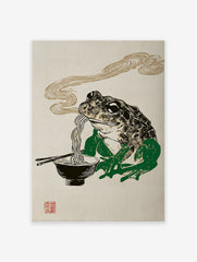 Japanese Ukiyo-e style frog eating ramen noodles with chopsticks in a black bowl, steam rising, on a textured beige background.