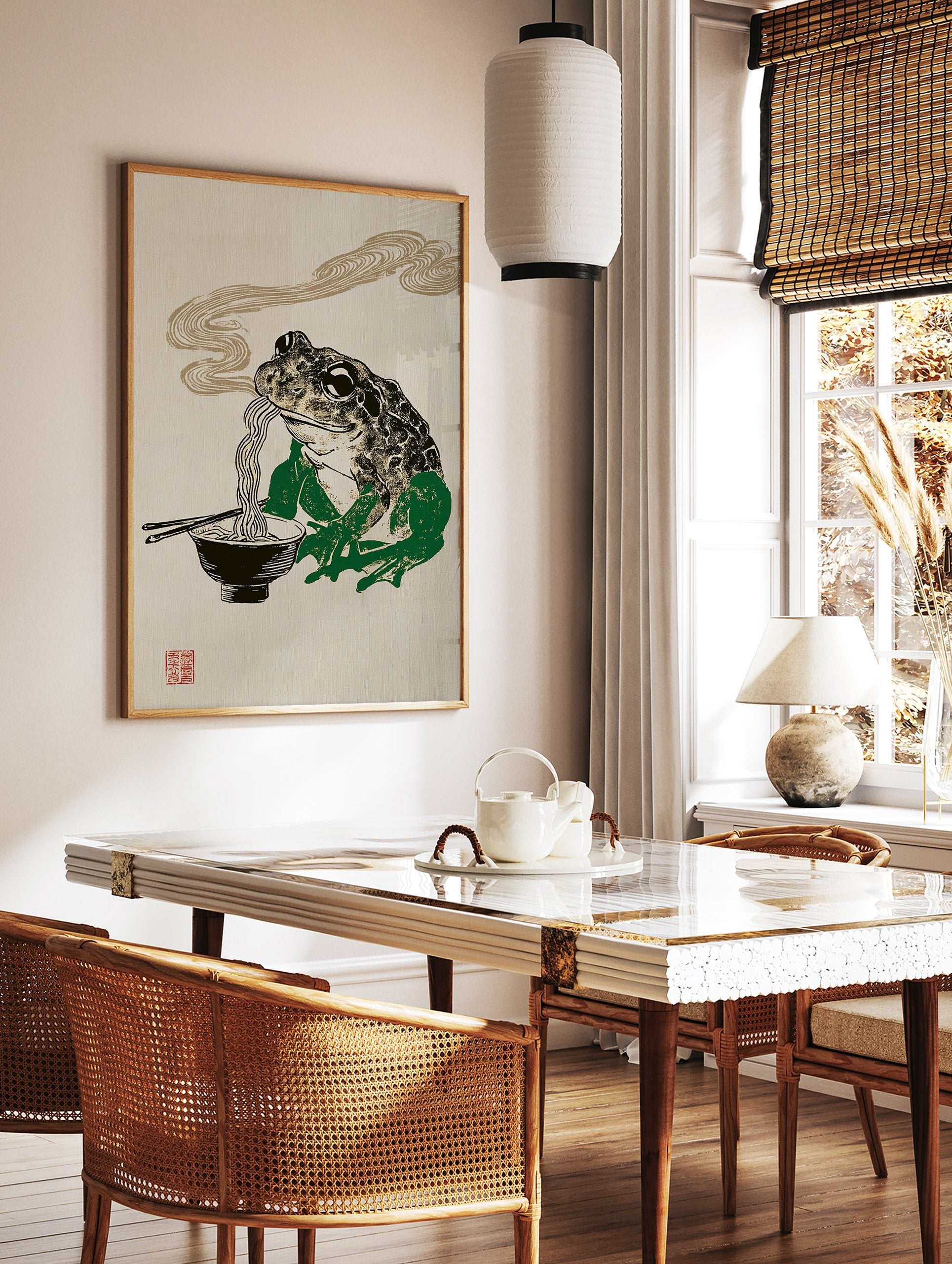 Japanese Ukiyo-e style frog eating ramen noodles with chopsticks in a black bowl, steam rising, on a textured beige background. - Image 3