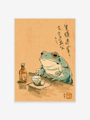 Japanese illustration of a frog sitting at a table with a bottle and cup, featuring calligraphy. Unique frog wall art.