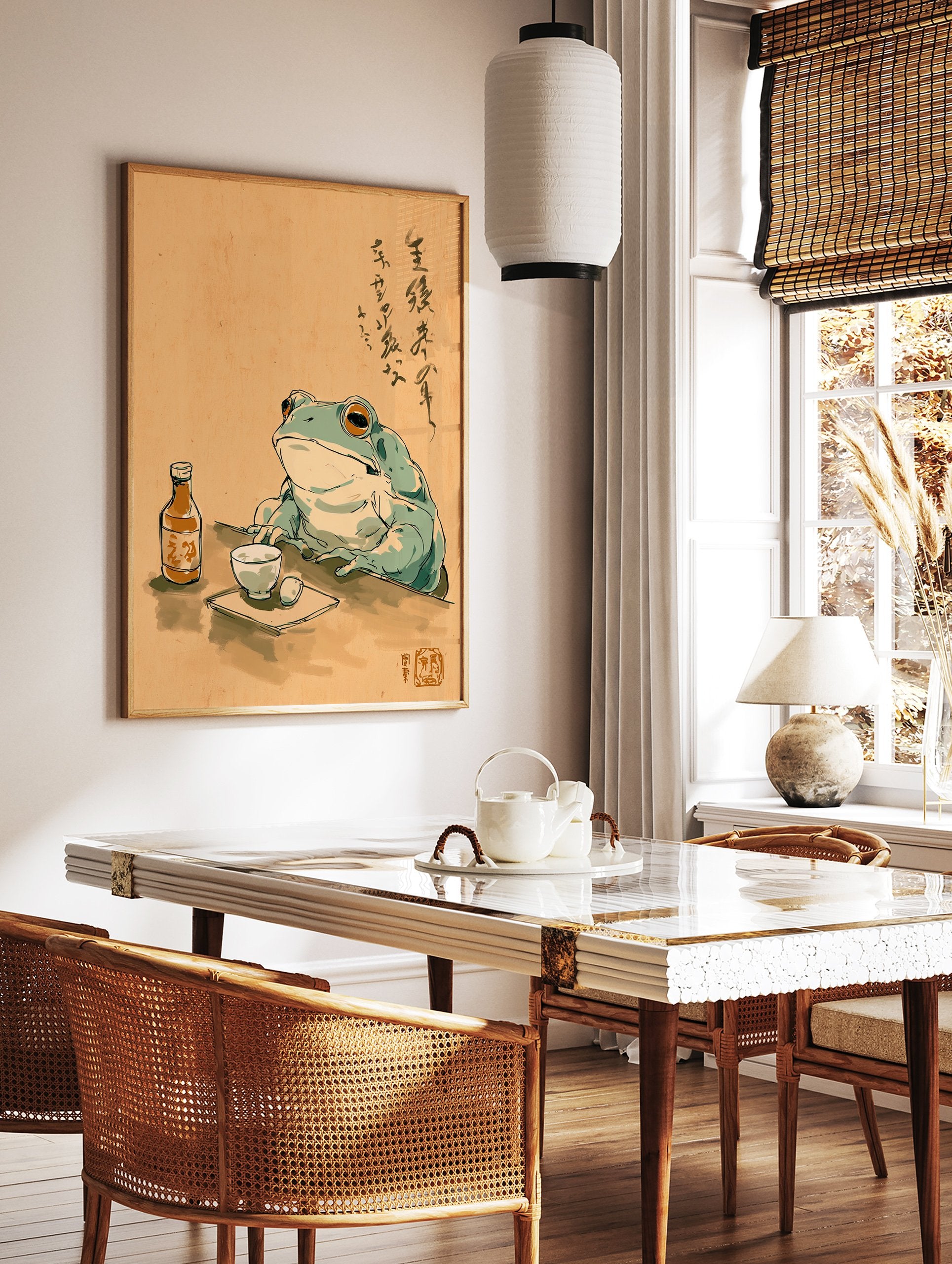 Japanese illustration of a frog sitting at a table with a bottle and cup, featuring calligraphy. Unique frog wall art. - Image 3
