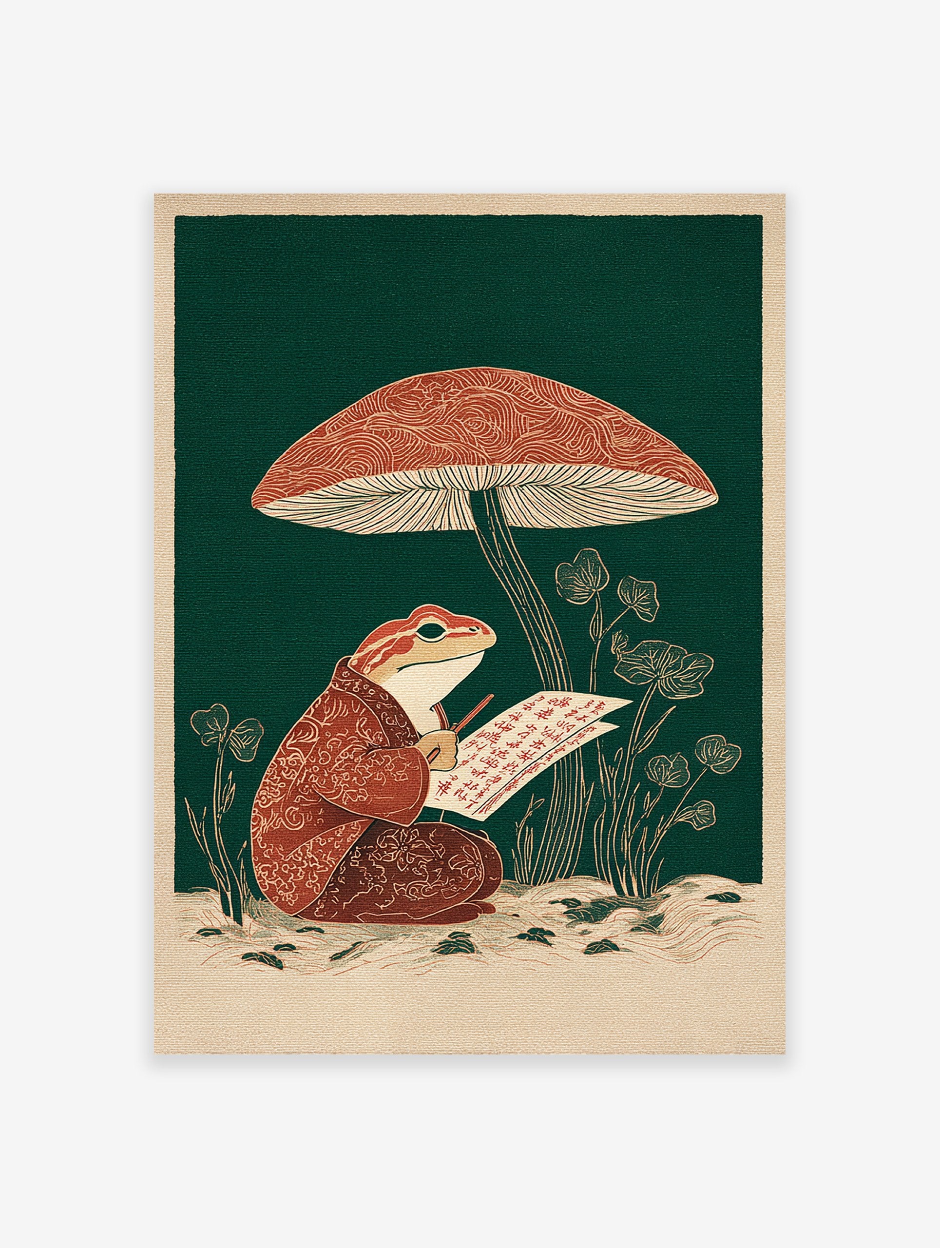 Japanese style frog wall art featuring a frog in a patterned robe writing under a red mushroom with green background.