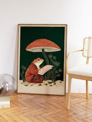 Japanese style frog wall art featuring a frog in a patterned robe writing under a red mushroom with green background. - Image 2