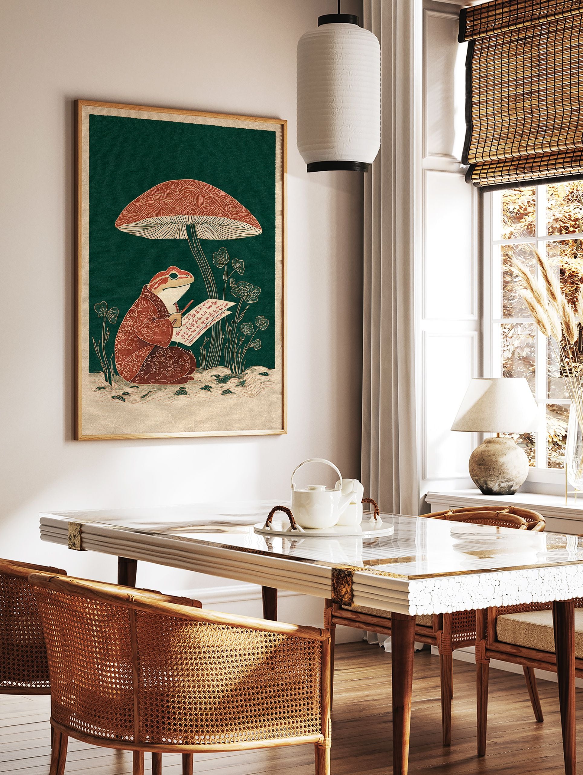 Japanese style frog wall art featuring a frog in a patterned robe writing under a red mushroom with green background. - Image 3