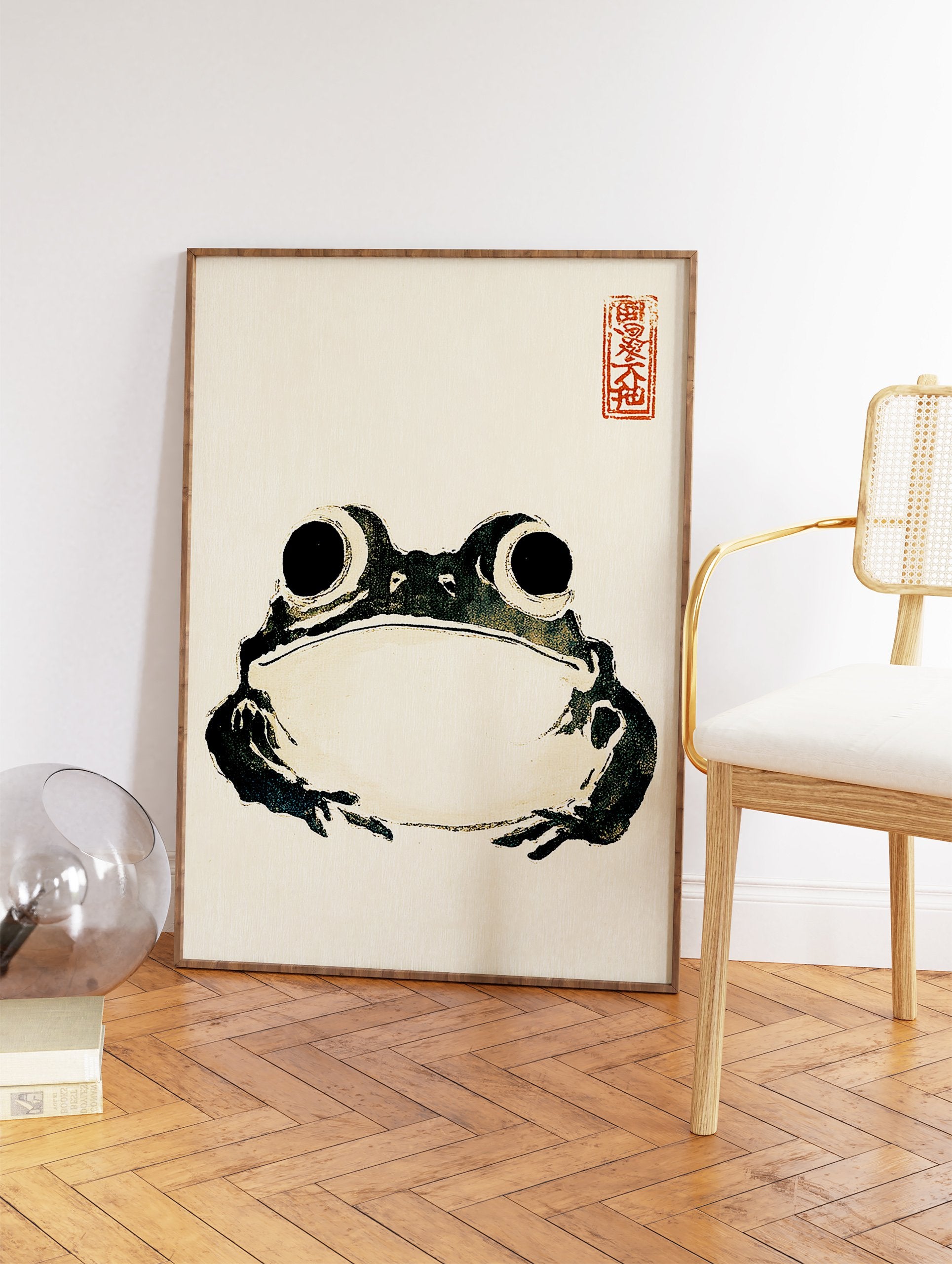 Japanese sumi-e ink illustration of a minimalist frog against a neutral background. Frog wall art print. - Image 2