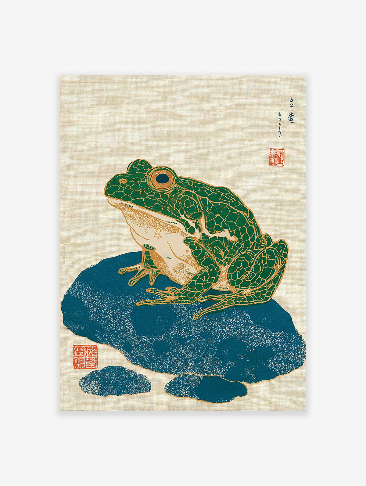 Green frog on a blue rock in traditional Japanese Ukiyo-e style illustration wall art print with gold details.