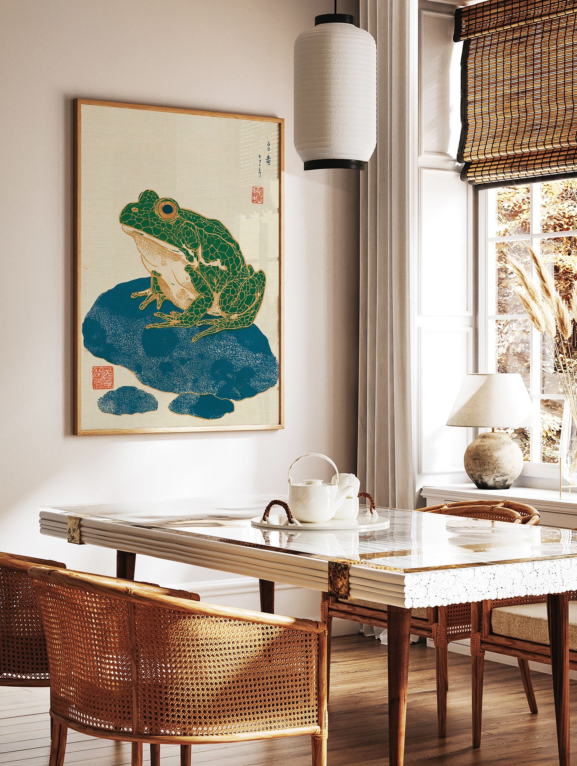 Green frog on a blue rock in traditional Japanese Ukiyo-e style illustration wall art print with gold details. - Image 2