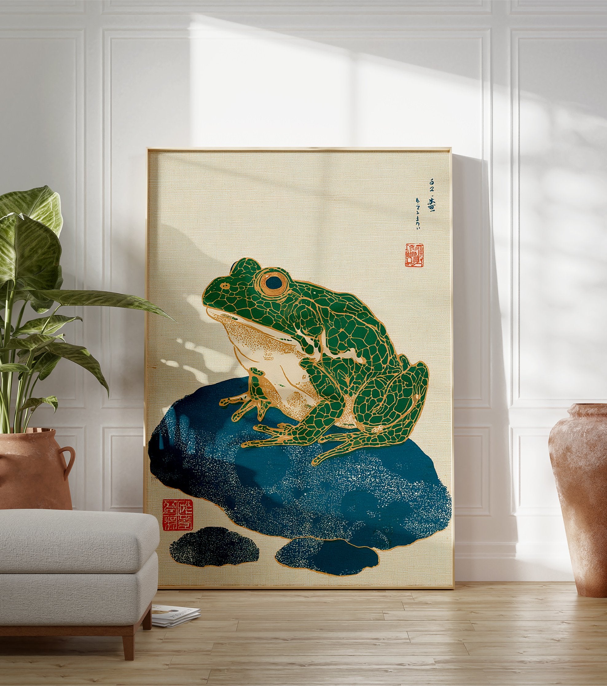 Green frog on a blue rock in traditional Japanese Ukiyo-e style illustration wall art print with gold details. - Image 3