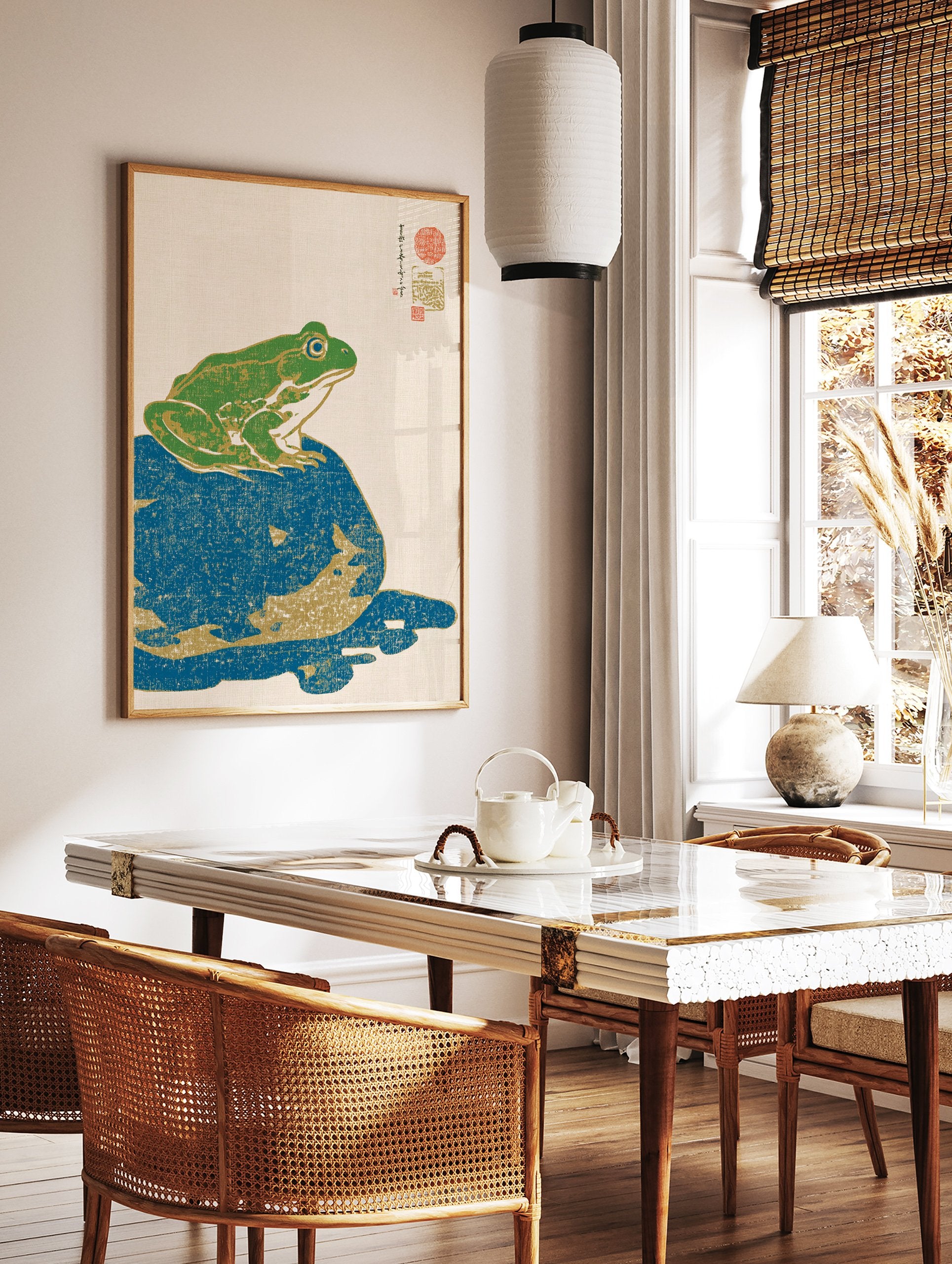Japanese woodblock print style frog wall art, a green frog on a blue rock with gold accents and traditional calligraphy. - Image 2
