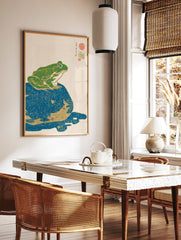 Japanese woodblock print style frog wall art, a green frog on a blue rock with gold accents and traditional calligraphy. - Image 2