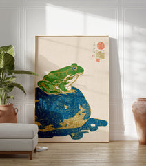 Japanese woodblock print style frog wall art, a green frog on a blue rock with gold accents and traditional calligraphy. - Image 3