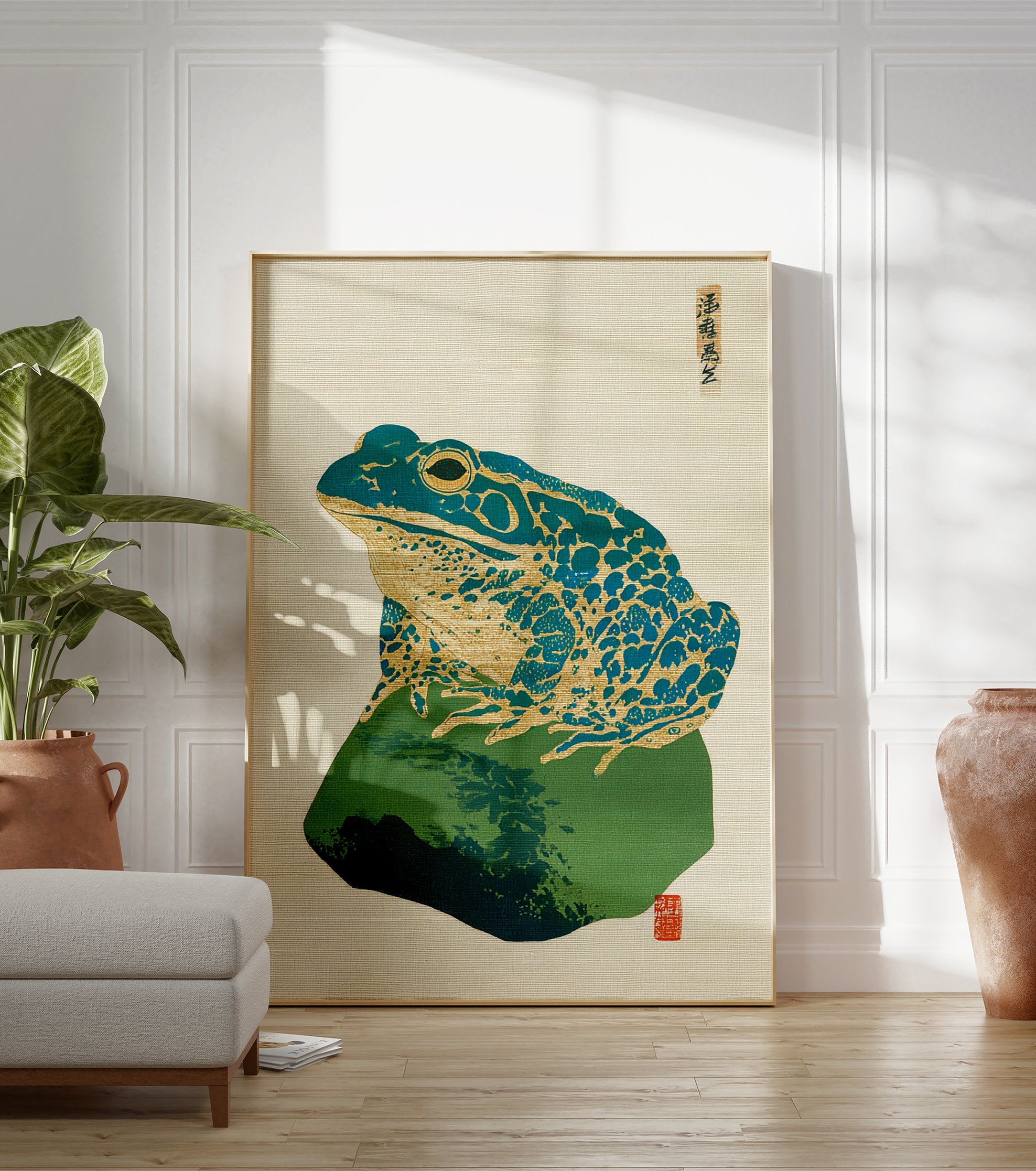 Vintage Japanese woodblock print of a blue-green and gold frog sitting on a dark green rock, with Japanese calligraphy. - Image 3