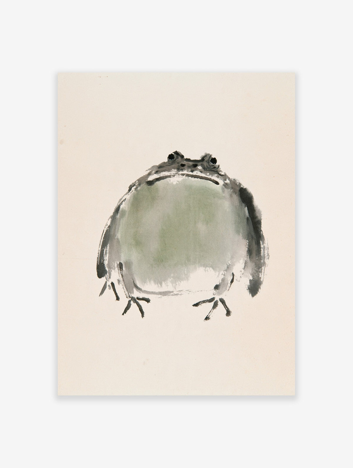 Minimalist frog wall art print with soft green ink wash illustration on a plain background