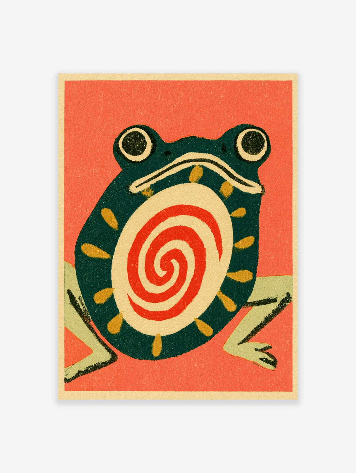 Illustrative frog wall art with a red spiral on its body, dark green skin, and a solid orange background