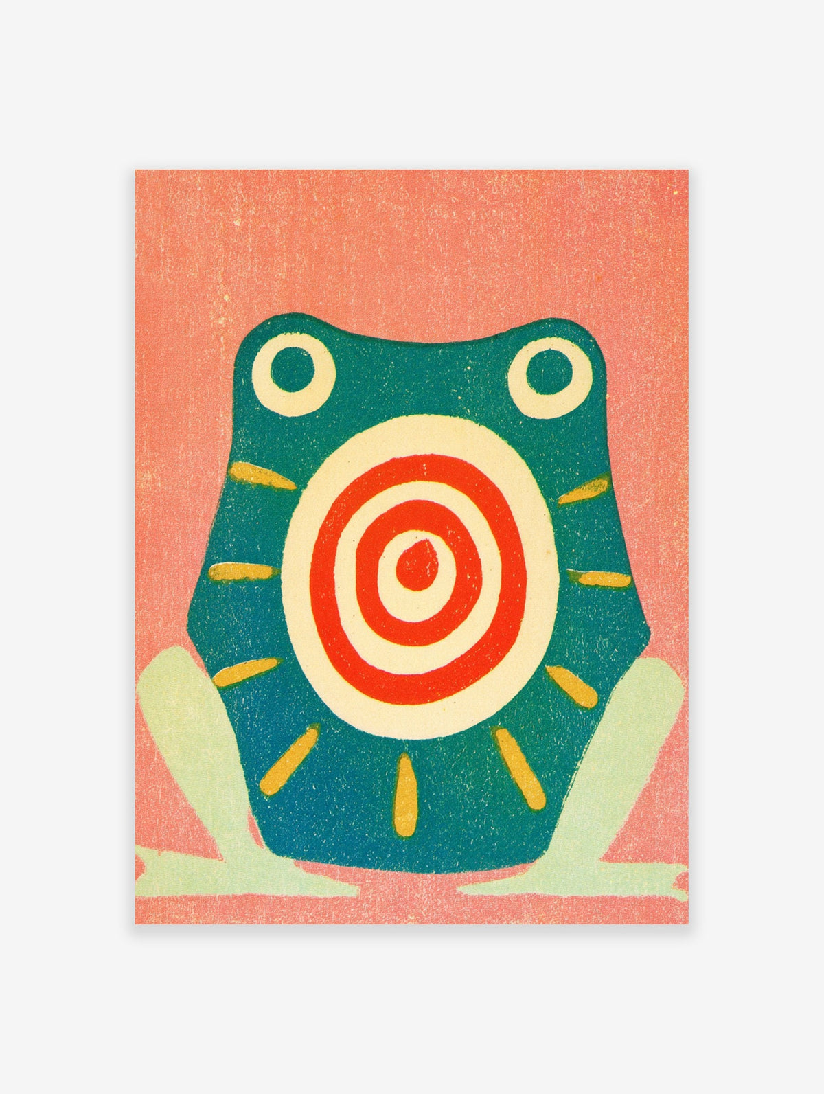 Illustrative teal frog wall art with a red and white target design on a soft pink background