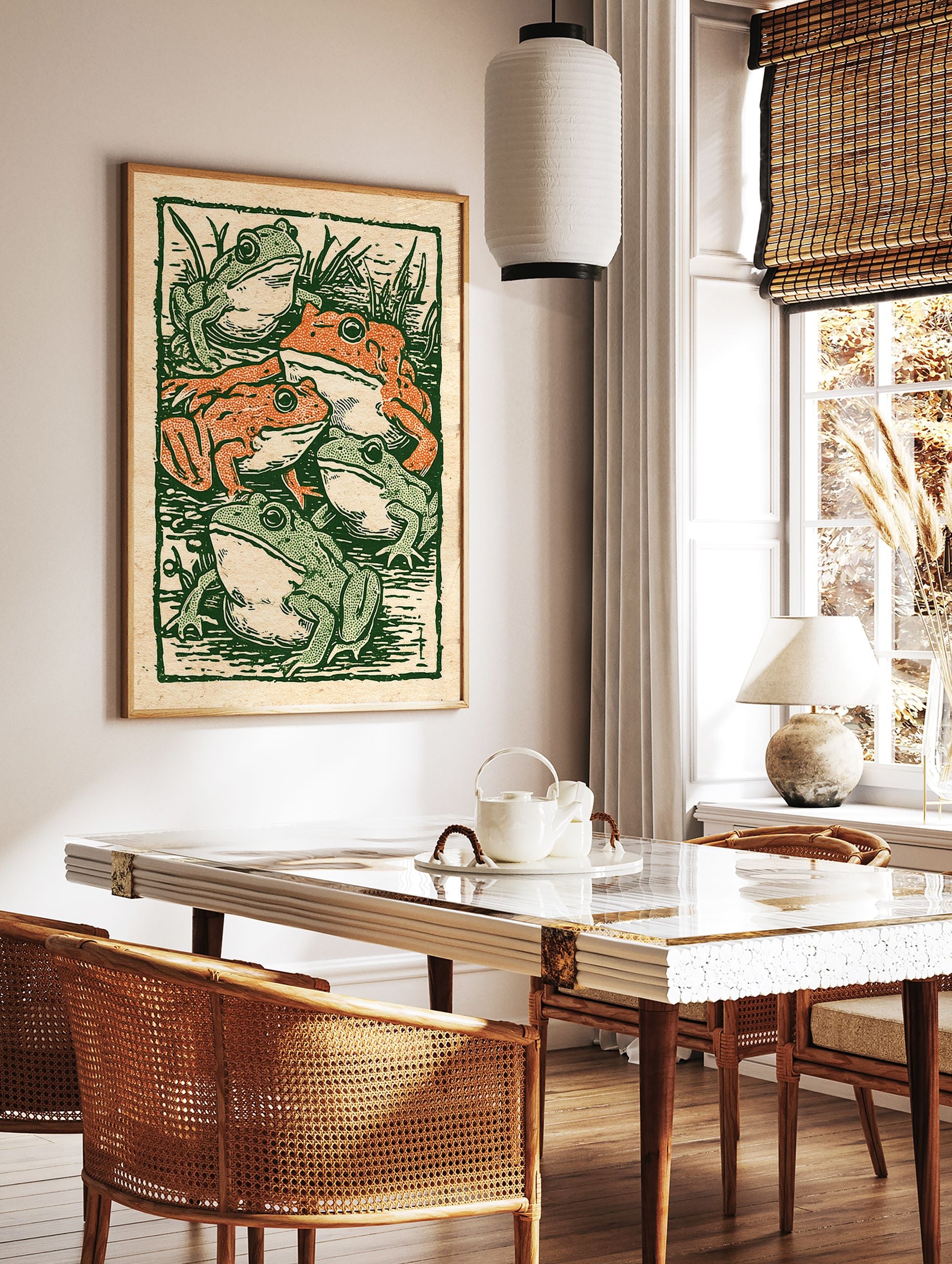Vintage illustration print showing five green and orange frogs in a pond with reeds, in a woodcut style. - Image 3