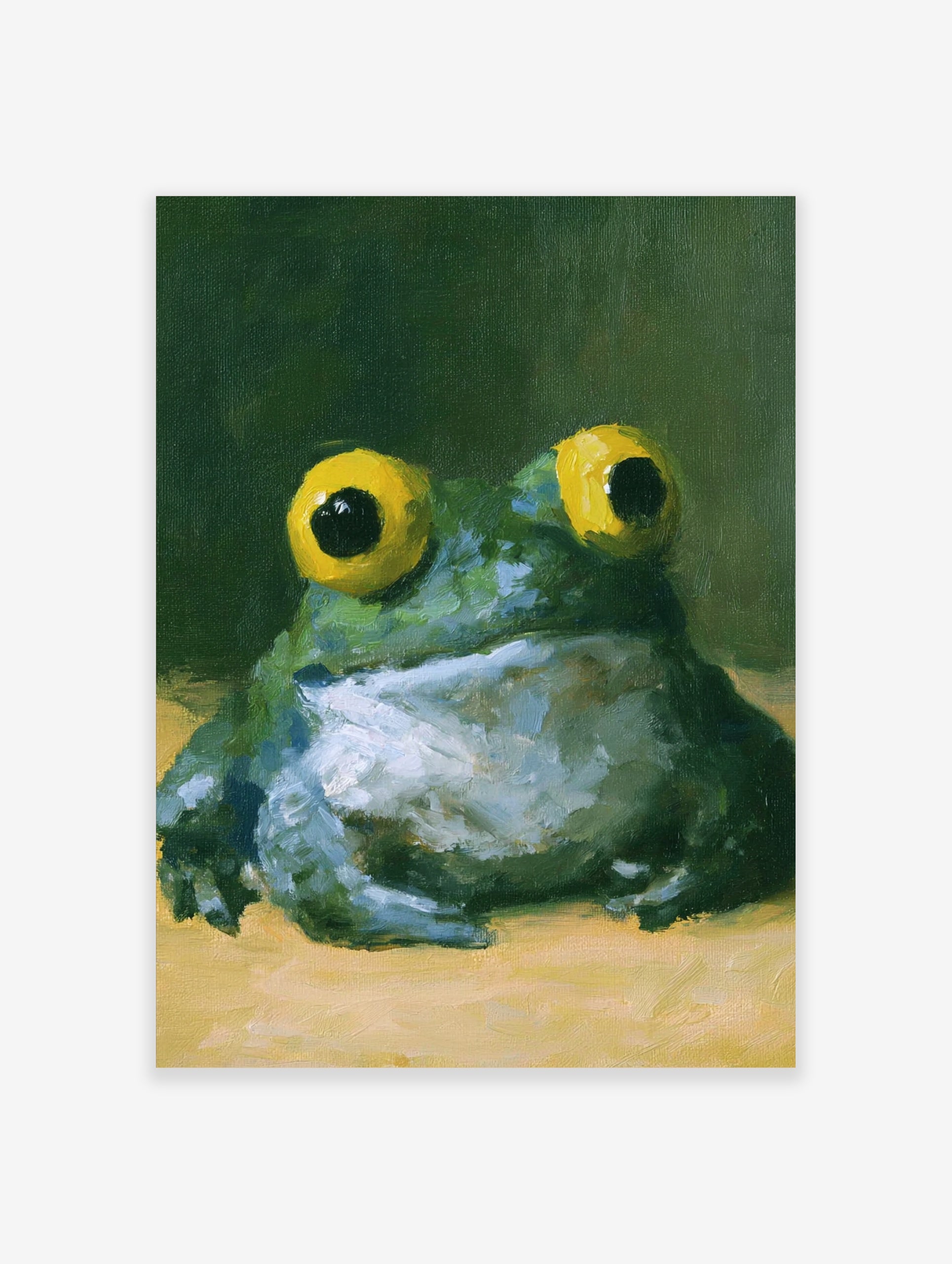 Painterly frog wall art with large yellow eyes and green textured skin against a dark background